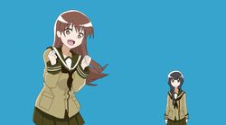  2girls :d bad_id bad_twitter_id black_hair blunt_bangs braid brown_eyes brown_hair closed_eyes dancing hime_cut houston_yamamoto kantai_collection kitakami_(kancolle) long_hair multiple_girls ooi_(kancolle) open_mouth pleated_skirt school_uniform serafuku short_hair skirt smile zentaiteki_ni_sensation 