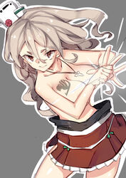  absurdres bad_id bad_pixiv_id breast_tattoo breasts brown_eyes fairy_tail female gray_fullbuster grey_hair hat highres kantai_collection large_breasts long_hair mini_hat miniskirt parody pola_(kancolle) red_skirt skirt solo tattoo topless wulazula 