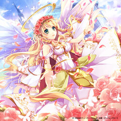  angel angel_wings bare_shoulders blonde_hair blue_sky bracelet braid breasts bug building butterfly cleavage cloud commentary_request dress female flower green_eyes hair_flower hair_ornament halo jewelry kidatsu!_dungeons_lord long_hair medium_breasts mochizuki_shiina necklace open_mouth original pendant petals photoshop_(medium) pink_flower pink_rose rose sash sky skyscraper smile solo sparkle twin_braids very_long_hair white_dress wings 