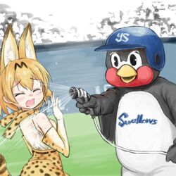  animal_ears blonde_hair commentary_request crossover elbow_gloves female gloves hose kemono_friends mascot monbetsu_kuniharu nippon_professional_baseball open_mouth parody real_life serval_(kemono_friends) serval_print short_hair shower_head showering sleeveless stadium tail tokyo_yakult_swallows tsubakurou 