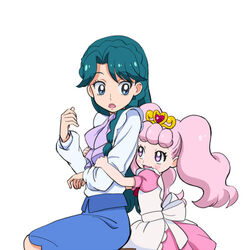  2girls :d :o blue_eyes blue_hair blush_stickers braid commentary_request crown_braid go!_princess_precure hug hug_from_behind kaidou_minami long_hair long_sleeves maid multiple_girls open_mouth personification pink_hair precure puff_(go!_princess_precure) puff_(go!_princess_precure)_(human) purple_eyes shuuho_(journey) skirt smile tiara twintails wavy_hair 