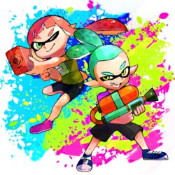  1boy aiming aiming_at_viewer aqua_hair bad_id bad_pixiv_id bike_shorts female green_eyes green_shirt gun high_ponytail inkling inkling_boy inkling_girl inkling_player_character monster_boy naokado one_eye_closed open_mouth orange_hair paint pointy_ears ponytail shirt shoes shorts sidelocks smile splatoon_(series) splatoon_1 splattershot_(splatoon) split_ponytail super_soaker tentacle_hair weapon yellow_eyes 