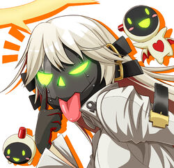  ahoge akanbe arc_system_works blonde_hair bodysuit familiar female gloves guilty_gear guilty_gear_xrd guilty_gear_xrd:_revelator halo jack-o_(guilty_gear) jack-o_valentine knight_servant long_hair looking_at_viewer magician_servant mask minion_(guilty_gear) multicolored_gloves multicolored_hair red_hair shiny shiny_clothes shiny_hair solo tongue tongue_out very_long_hair vivid 