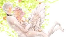  1boy atelier_(series) atelier_escha_&amp;_logy bare_shoulders closed_eyes commentary_request couple dress elbow_gloves escha_malier female flower formal frills gloves hair_flower hair_ornament logix_ficsario messy_hair pants pink_hair rose satsu shoes short_hair smile straight strapless strapless_dress suit thighhighs wedding white_dress white_flower white_footwear white_gloves white_hair white_legwear white_rose white_theme 