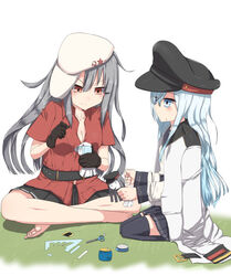  2girls belt black_gloves blue_eyes blush breasts commentary_request flat_cap gangut_(kancolle) gloves grey_hair hammer_and_sickle hat headwear_switch hibiki_(kancolle) jacket jacket_on_shoulders kantai_collection long_hair long_sleeves medium_breasts military military_hat military_jacket military_uniform miniskirt multiple_girls peaked_cap red_eyes red_shirt red_star sailor_collar school_uniform scissors shirt skirt star_(symbol) teruterubouzu uniform verniy_(kancolle) zafuri_(yzrnegy) 