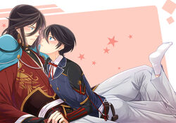  2boys bad_id bad_pixiv_id bishounen black_hair blue_eyes blush braid buttons double-breasted earrings eye_contact horikawa_kunihiro izumi-no-kami_kanesada japanese_clothes jewelry looking_at_another male_focus multiple_boys no_shoes photoshop_(medium) rainsp ribbon side_braid socks star_(symbol) stud_earrings touken_ranbu yaoi 