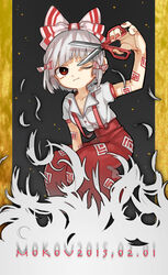  absurdres alternate_hair_length alternate_hairstyle bad_id bad_pixiv_id border bow character_name cutting_hair dated female fujiwara_no_mokou hair_ornament hair_ribbon hairbow highres ofuda one_eye_closed pants photoshop_(medium) puffy_sleeves red_eyes ribbon scissors severed_hair shirt short_hair short_sleeves sitting solo touhou yai_(hachihito) 