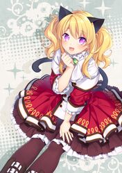  :d animal_ears bad_id bad_pixiv_id black_pantyhose blonde_hair blush capelet cat_(trickster) cat_ears cat_girl cat_tail commentary_request dress female hair_between_eyes levka long_hair long_sleeves oerba_yun_fang open_mouth pantyhose purple_eyes red_dress sidelocks sitting smile solo sparkle tail trickster_(ntreev_soft) two_side_up white_capelet 