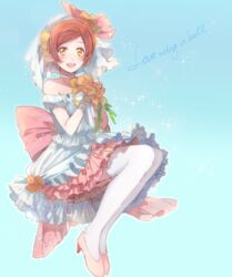  :d bad_id bad_twitter_id bare_shoulders blue_background blush choker english_text engrish_text female full_body high_heels hoshizora_rin love_live! love_live!_school_idol_project love_wing_bell mochi_sakura open_mouth orange_hair outline ranguage shirt shoes short_hair skirt smile solo song_name sparkle thighhighs veil white_shirt white_skirt white_thighhighs yellow_eyes 