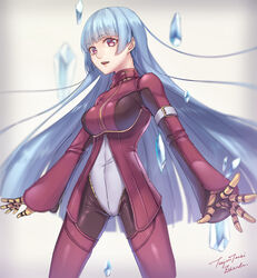  arms_at_sides blue_hair blunt_bangs commentary cowboy_shot female highleg highleg_leotard ice jacket kula_diamond leotard long_hair long_sleeves looking_at_viewer photoshop_(medium) red_eyes red_jacket red_thighhighs signature smile solo tenjou_tsuki the_king_of_fighters thighhighs very_long_hair 