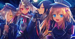  4boys :d abandon_ranka armor black_gloves black_hair blonde_hair blue_eyes bow braid commentary_request eyes_visible_through_hair full_moon gloves glowing glowing_eyes gokotai gokotai_(kiwame) hair_over_one_eye hairbow hat ima-no-tsurugi ima-no-tsurugi_(kiwame) japanese_armor japanese_clothes long_hair male_focus midare_toushirou midare_toushirou_(kiwame) moon multiple_boys open_mouth purple_eyes red_eyes short_sword shoulder_armor sky smile sode star_(sky) starry_sky sword tantou touken_ranbu twin_braids weapon white_hair yagen_toushirou yagen_toushirou_(kiwame) yellow_eyes 