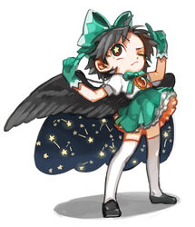  adapted_costume alternate_costume alternate_hair_length alternate_hairstyle bad_id bad_pixiv_id black_hair black_wings bow bowtie cape constellation female full_body gloves green_bow green_gloves green_skirt hair_ribbon hairbow highres looking_up one_eye_closed photoshop_(medium) puffy_sleeves red_eyes reiuji_utsuho ribbon shirt shoes short_hair short_sleeves simple_background skirt solo star-shaped_pupils star_(symbol) symbol-shaped_pupils thighhighs third_eye touhou white_background white_thighhighs wings yai_(hachihito) zettai_ryouiki 