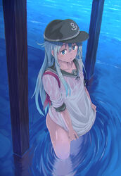  anchor_symbol blue_eyes collarbone commentary_request female flat_cap grey_hair hat hibiki_(kancolle) highres kantai_collection long_hair looking_at_viewer mumyuu neckerchief ripples school_uniform serafuku shirt_tug sleeves_rolled_up smile solo upper_body very_long_hair wading water wet wet_clothes 