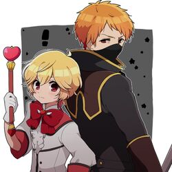  ! 2boys battle_lover_scarlet binan_koukou_chikyuu_bouei-bu_love! blonde_hair blush brothers commentary_request gloves hakone_goura hakone_yumoto itukik magical_boy male_focus multiple_boys orange_hair red_eyes siblings wand 