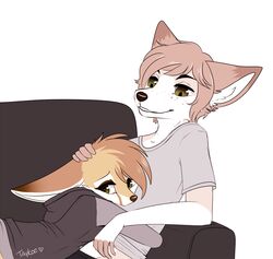  2017 anthro black_nose brown_eyes canid canine clothed clothing duo eyebrows eyelashes eyeshadow female fennec_fox fingerless_(marking) fox freckles fully_clothed furniture hoodie hug makeup male mammal shirt sofa taykoe topwear true_fox 