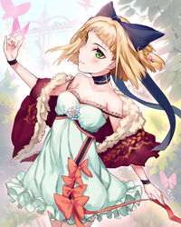  animal_ears bare_shoulders blonde_hair bug butterfly cat_ears commentary_request dress earrings female green_eyes jewelry looking_at_viewer nemeko original smile 