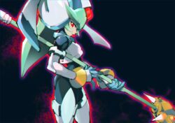  android armor bad_id bad_twitter_id black_background commentary cowboy_shot expressionless female green_hair helmet holding holding_staff kon_(kin219) mega_man_(series) mega_man_zx model_w_(mega_man) pandora_(mega_man) power_armor profile red_eyes simple_background solo staff weapon 