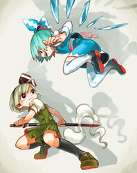  2girls absurdres adapted_costume alternate_costume aqua_hair bad_id bad_pixiv_id black_eyes black_legwear blue_hair bow cirno fighting_stance frown full_body hair_ornament hair_ribbon hairband highres hitodama ice ice_wings katana kneehighs konpaku_youmu konpaku_youmu_(ghost) long_sleeves looking_at_another looking_up multiple_girls open_mouth photoshop_(medium) profile puffy_sleeves ribbon shirt shoes short_hair short_sleeves skirt skirt_set smile socks sword thighhighs touhou vest weapon white_hair white_legwear wings yai_(hachihito) zettai_ryouiki 