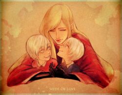  2boys blonde_hair brothers capcom dante_(devil_may_cry) devil_may_cry eva_(devil_may_cry) family female happy mother&#039;s_day mother_and_son multiple_boys siblings twins vergil white_hair 