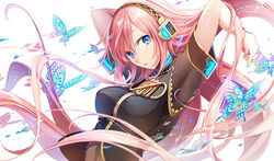  armpits arms_behind_head arms_up blue_butterfly blue_eyes breasts bug butterfly commentary_request cuff_links female headphones large_breasts long_hair looking_at_viewer maro_(nikeneko523) megurine_luka pink_hair shirt solo very_long_hair vocaloid 