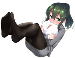  ass blush commentary feet female green_eyes green_hair hug igarashi_futaba_(shiromanta) karameru_(character) legs_together medium_hair no_shoes office_lady pantyhose ponytail senpai_ga_uzai_kouhai_no_hanashi soles solo stuffed_animal stuffed_cat stuffed_toy terazip 