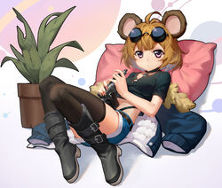  aged_down ahoge animal_ears bear_girl belt black_footwear black_shirt black_thighhighs blunt_bangs boots breasts brown_hair chinese_commentary chunrijun_(springer) closed_mouth cocking_gun commentary_request crop_top expressionless eyewear_on_head female girls&#039;_frontline grizzly_mkv_(girls&#039;_frontline) grizzly_mkv_(teddy_transform!)_(girls&#039;_frontline) gun handgun highres holding holding_gun holding_weapon jacket knee_boots long_hair looking_at_viewer lying medium_breasts official_alternate_costume on_back photoshop_(medium) pillow plant potted_plant purple_eyes shirt short_shorts short_sleeves shorts solo sunglasses thighhighs unworn_jacket weapon 