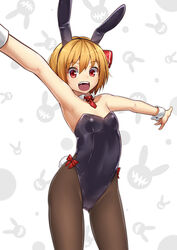  animal_ears armpits bad_id bad_pixiv_id black_pantyhose blonde_hair bobomaster commentary_request detached_collar fake_animal_ears female flat_chest hair_ribbon highres looking_at_viewer necktie open_mouth outstretched_arms pantyhose photoshop_(medium) playboy_bunny rabbit_ears red_eyes red_necktie red_ribbon ribbon rumia short_hair simple_background smile solo standing touhou wrist_cuffs 