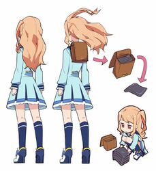  aikatsu!_(series) aikatsu_stars! arrow_(symbol) backpack bag blonde_hair blush brick commentary female haiteku high_heels kasumi_mahiru kneehighs long_hair multiple_views purple_eyes school_bag school_uniform side_ponytail simple_background socks squatting tameshiwari wavy_hair white_background yotsuboshi_academy_school_uniform 