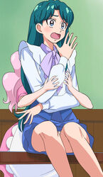  2girls blue_eyes blue_hair go!_princess_precure haruyama_kazunori hug hug_from_behind kaidou_minami long_hair multiple_girls open_mouth panties pink_hair precure puff_(go!_princess_precure) puff_(go!_princess_precure)_(human) sitting underwear 