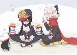  2girls black_hair blush boots cape chibi commentary_request cosplay costume_switch fate/grand_order fate_(series) gloves haori japanese_clothes keikenchi_(style) kimono multiple_girls nejikyuu oda_nobunaga_(fate) oda_nobunaga_(koha-ace) oda_nobunaga_(koha-ace)_(cosplay) oda_uri okita_souji_(fate) okita_souji_(koha-ace) okita_souji_(koha-ace)_(cosplay) pink_hair red_eyes short_kimono simple_background yellow_eyes 