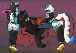  anthro canid canine canis chili clothing cremacat domestic_dog felid femboy fire footwear group high_heels husky jaguar legwear male mammal nightclub nordic_sled_dog pantherine panties shoes simple_background spitz thigh_highs underwear waiter wolf 