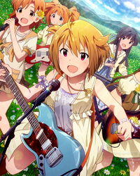  5girls ahoge armband black_hair blonde_hair blue_eyes electric_guitar fender_jaguar fender_jazzmaster fender_mustang flower guitar hair_flower hair_ornament hood hoodie ibuki_tsubasa idolmaster idolmaster_(classic) idolmaster_million_live! instrument jacket jewelry left-handed meadow microphone mogami_shizuka mountain multiple_girls necklace official_art open_mouth orange_hair organ_(instrument) outdoors pink_eyes pocket puffy_short_sleeves puffy_sleeves short_hair short_sleeves sleeveless takatsuki_yayoi tokoro_megumi twintails yabuki_kana yellow_eyes 