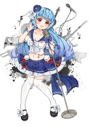  aged_down alternate_costume black_footwear blue_hair blush breasts cleavage commentary_request female full_body hat highres knees_together_feet_apart long_hair medium_breasts microphone microphone_stand midriff musical_note navel open_mouth over-kneehighs quincy_(warship_girls_r) red_eyes short_sleeves situmey smile thighhighs v warship_girls_r white_legwear 