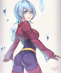  arms_at_sides ass black_bodysuit blue_eyes blue_hair bodysuit candy_diamond closed_mouth commentary cowboy_shot cropped_jacket female from_behind hair_between_eyes ice jacket long_sleeves looking_at_viewer looking_back photoshop_(medium) red_jacket red_thighhighs short_hair signature smile solo tenjou_tsuki the_king_of_fighters thighhighs 