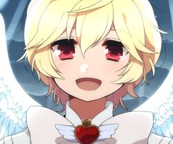  1boy angel_wings battle_lover_scarlet binan_koukou_chikyuu_bouei-bu_love! blonde_hair blush commentary_request hakone_yumoto itukik magical_boy male_focus open_mouth red_eyes smile solo wings 