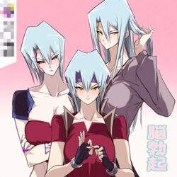  3girls adjusting_hair bad_id bad_pixiv_id blue_hair blush breasts bustier clenched_teeth collarbone come_hither commentary_request crossed_arms fingerless_gloves genderswap_(mtf) gloves hair_between_eyes hairband kiryu_kyosuke large_breasts long_hair looking_at_another looking_at_viewer looking_to_the_side multiple_girls multiple_persona nail_polish nose_blush purple_nails rule_63 sexually_suggestive short_hair smile sweatdrop tattoo teeth vest yanazuri_(kimossari337) yellow_eyes yu-gi-oh! yu-gi-oh!_5d&#039;s 