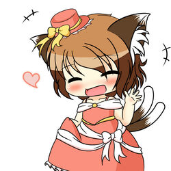  +++ :d ^_^ alternate_costume animal_ear_fluff animal_ears blush bow brown_hair cat_ears cat_tail chen chibi closed_eyes collarbone commentary_request dress facing_viewer female frilled_dress frills hand_up happy hat hat_bow hat_ribbon heart kurumai mini_hat multiple_tails nekomata one-hour_drawing_challenge open_mouth pink_dress pink_hat ribbon sash short_hair simple_background skirt_hold smile solo spaghetti_strap tail top_hat touhou two_tails waving white_background yellow_bow yellow_ribbon 