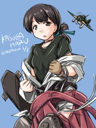  a5m aircraft airplane artist_name black_hair black_shirt brown_eyes character_name commentary_request cowboy_shot dated female flight_deck folded_ponytail gloves hakama hakama_skirt japanese_clothes kantai_collection kasuga_maru_(kancolle) long_hair red_hakama rigging shirt short_sleeves single_glove skirt solo tatsumi_ray undressing 