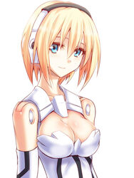  arnval_mk2 blonde_hair blue_eyes breasts busou_shinki cleavage commentary_request doll_joints elbow_gloves female gloves hair_between_eyes headgear joints kurokawa_(silve) large_breasts looking_at_viewer short_hair simple_background smile solo upper_body white_background white_gloves 