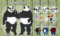  anthro bear beverage blue_eyes blush car clenched_teeth clothed clothing computer cupcakecreature digital_media_(artwork) electronics food giant_panda jason_winchester_(pandapaladin) logo male mammal milkshake model_sheet nude overweight overweight_anthro overweight_male pillarbox pizza scar simple_background solo teeth vehicle 