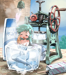  absurdres aqua_hair body_blush closed_eyes commentary_request dated dororon_enma-kun female food hair_ornament handkerchief highres ice ice_shaver isedaichi_ken long_hair nude open_mouth popsicle shaved_ice skull_hair_ornament smile solo spoon summer sweat twitter_username wind_chime wiping_sweat yukiko_hime 