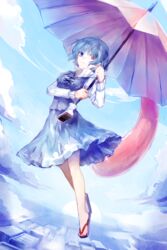  blue_eyes blue_hair blue_sky cloud commentary_request day expressionless female flying full_body heterochromia karakasa_obake long_sleeves looking_at_viewer psyder puffy_sleeves red_eyes shirt short_hair skirt skirt_set sky solo tatara_kogasa tongue touhou umbrella umbrella_riding vest 