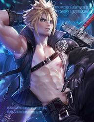  abs arm_behind_head armpits asymmetrical_clothes banned_artist blonde_hair blue_eyes buster_sword cloud_strife cowboy_shot earrings final_fantasy final_fantasy_vii final_fantasy_vii_advent_children gloves jewelry male_focus navel nipples open_clothes open_shirt over_shoulder parted_lips pointing pointing_at_self sakimichan shirt single_spaulder sitting solo sword sword_over_shoulder toned toned_male unzipped watermark weapon weapon_over_shoulder web_address 