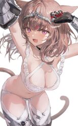  animal_ears bra breasts brown_hair cat_ears cat_girl cat_tail cleavage commission cowboy_shot criss-cross_halter female final_fantasy final_fantasy_xiv hair_ornament halterneck hashtag-only_commentary highres large_breasts leaning_forward looking_at_viewer medium_breasts miqo&#039;te navel oerba_yun_fang open_mouth purple_eyes shikina_(mochigushi_) signature skeb_commission skin_fang slit_pupils solo tail underwear warrior_of_light_(ff14) white_bra 