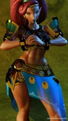  3d_(artwork) 9:16 abrakabadarka abs blue_bottomwear blue_clothing blue_lipstick blue_nails blue_skirt bottomwear bracelet breath_of_the_wild clothed clothing colored_nails cracking_knuckles crown digital_media_(artwork) ear_piercing ear_ring eyelashes female gerudo green_clothing green_eyes green_topwear hair headgear hi_res humanoid humanoid_pointy_ears jewelry lipstick looking_at_viewer makeup nails navel necklace nintendo not_furry piercing red_hair ring_piercing sharp_nails skirt solo the_legend_of_zelda thick_thighs tiara topwear urbosa wide_hips 