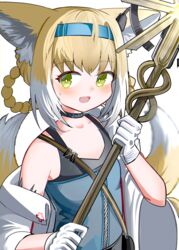  :d animal_ears arknights black_choker blonde_hair blue_dress blue_hairband blush braid choker collarbone cosplay dress female fox_ears fox_girl fox_tail gloves green_eyes hair_between_eyes hair_rings hairband highres holding kitsune looking_at_viewer multicolored_hair off_shoulder simple_background sleeveless sleeveless_dress smile solo spam_(spamham4506) sussurro_(arknights) sussurro_(arknights)_(cosplay) suzuran_(arknights) sweat tail twin_braids two-tone_hair white_background white_gloves white_hair 