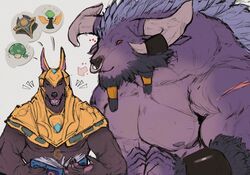  2_horns alistar_(lol) anthro anubian_jackal bovid bovine canid canine canis cattle duo facial_piercing hi_res horn jackal league_of_legends male mammal muscular muscular_anthro muscular_male na1su nasus_(lol) nipples nose_piercing nose_ring piercing ring_piercing riot_games scar size_difference tencent 