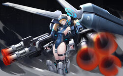  blonde_hair blue_archive blue_eyes blue_halo blue_leotard blurry blurry_foreground breasts cannon covered_navel depth_of_field earpiece embers female fingerless_gloves gloves hair_bun halo headgear highres hot_metal leotard looking_at_viewer machinery mecha moonface multiple_barrel_gun robot sideboob smoke solo thigh_strap toki_(blue_archive) turret turtleneck turtleneck_leotard 