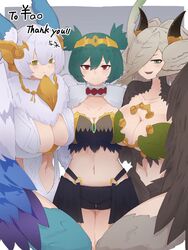  3girls ancient_world_harpy_(granblue_fantasy) bird_legs black_feathers black_wings blue_feathers blue_pupils blush breasts cleavage commission elil_(granblue_fantasy) feathered_wings feathers granblue_fantasy green_eyes green_feathers green_hair hair_over_one_eye harpy head_wings horns indie_virtual_youtuber large_breasts lincoro long_hair looking_at_viewer medium_breasts midriff monster_girl multiple_girls navel no_tattoo open_mouth pointy_ears red_eyes short_hair short_twintails skeb_commission smile thank_you tiara twintails virtual_youtuber white_hair white_wings winged_arms wings yellow_eyes yonaga_san 