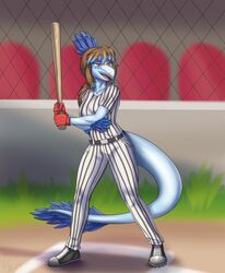  2024 5_fingers anthro baseball_bat baseball_field baseball_uniform bat_(object) blue_body blue_feathers blue_hair blue_highlights blue_scales brown_hair cavemanon_studios claws clothing dated detailed_background digital_drawing_(artwork) digital_media_(artwork) dinosaur dromaeosaurid elbow_feathers extinct eyelashes feathered_dinosaur feathered_scalie feathered_tail feathers female finger_claws fingers freckles gloves hair handwear hi_res highlights_(coloring) i_wani_hug_that_gator jenine_(iwhtg) long_hair long_tail open_mouth open_smile outside prehistoric_species prometheuzone red_eyes reptile scales scalie signature smile snout solo sportswear tail tail_tuft theropod tuft uniform velociraptor 